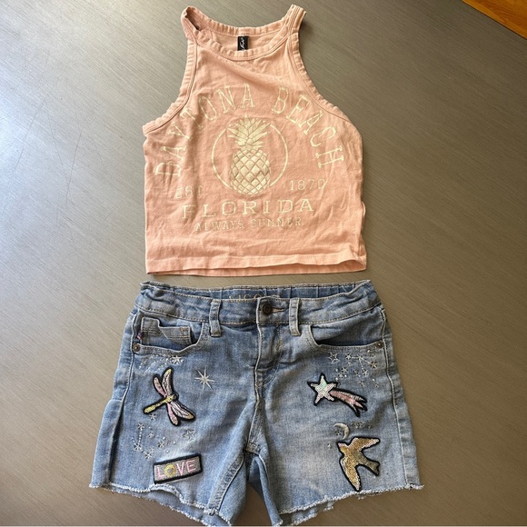 Girls Pink Pineapple Tank (M) Vigoss Embroidered Jean Shorts - Size 12 - Picture 1 of 1